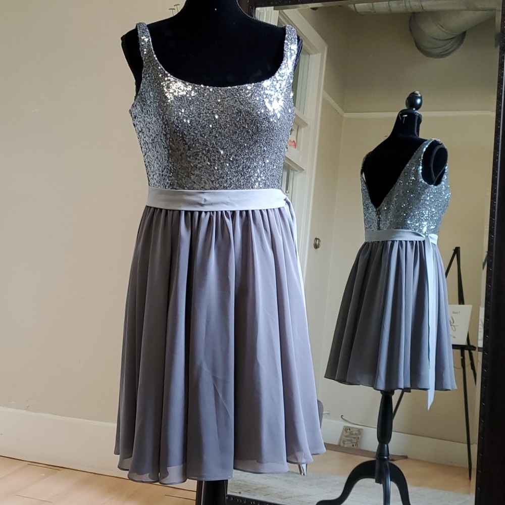 Size 12 Silver & Charcoal Tank Strap short Sequin Flare Dress By Christina Wu